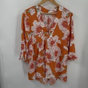 C&C California Blouse Womens M Orange Floral Tunic Bell Sleeve Boho Peasant‎